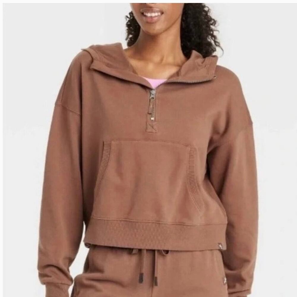 JoyLab Brown Cropped Quarter Zip Hoodie Sweatshirt Size Small